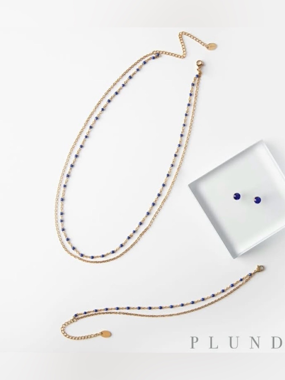 Plunder Gold Layered Necklace with Blue Sapphire Colored Beads 3 Piece Set